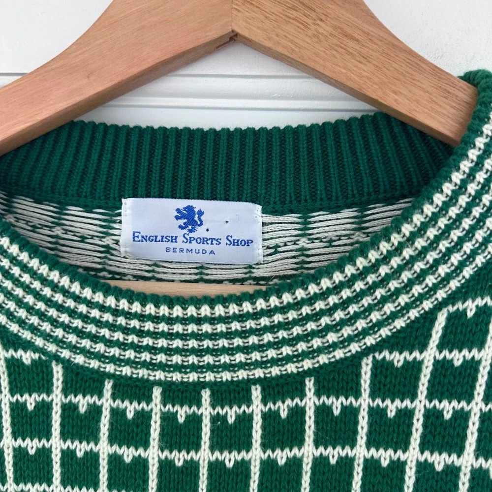 Vintage 90s‎ English Sports Shop Bermuda Green Grid Knit Sweater Cotton Mens L